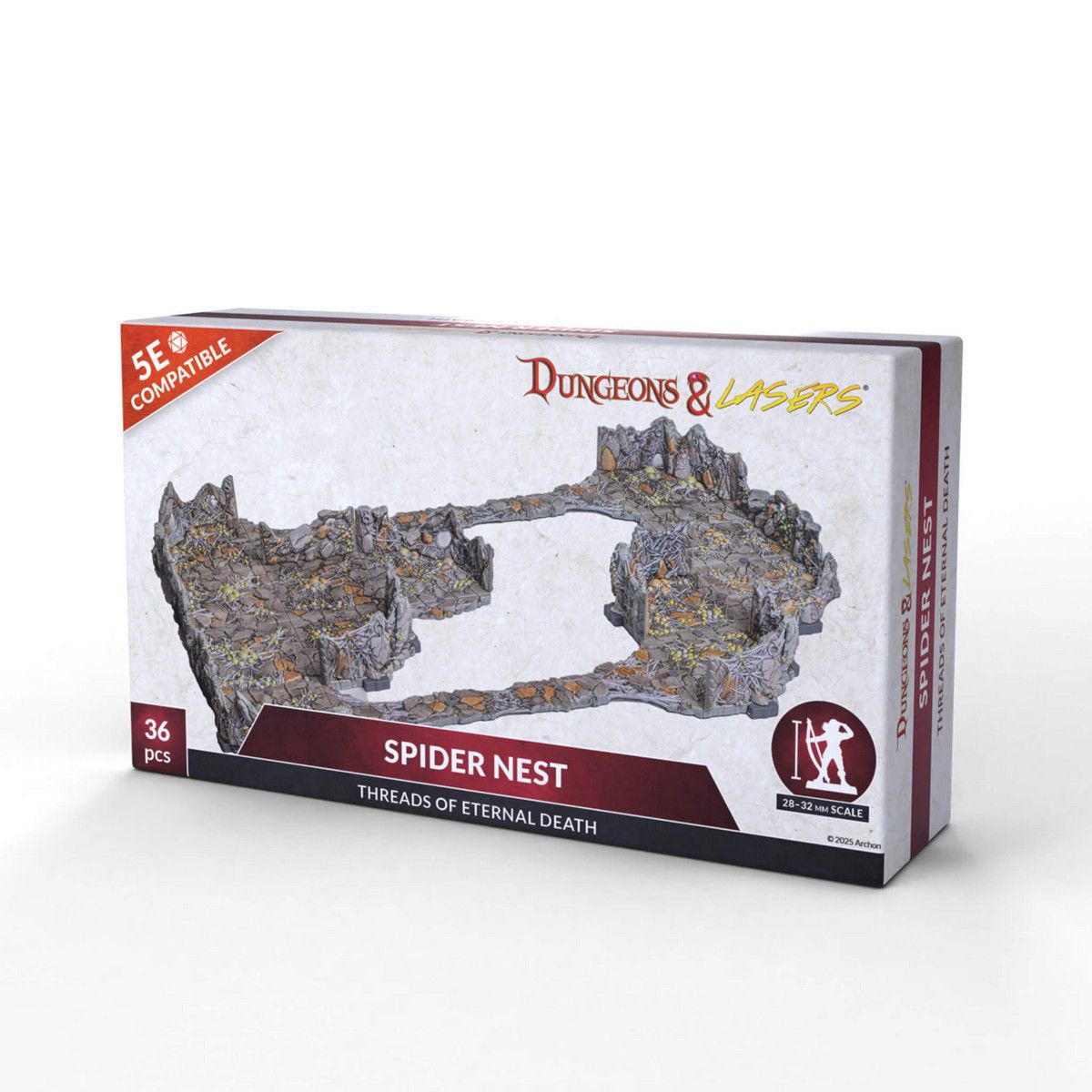 Dungeons & Lasers: Spider Nest (Unpainted) - Unpainted gray modular terrain pieces forming rocky cave spider nest for tabletop games.