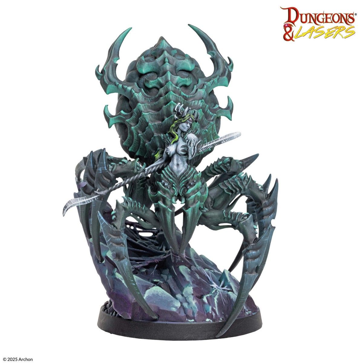 Dungeons & Lasers: Arachnea: Spider Matriarch (Unpainted) - Unpainted gray resin miniature of a large spider creature with armored, segmented body and multiple legs on a textured base.