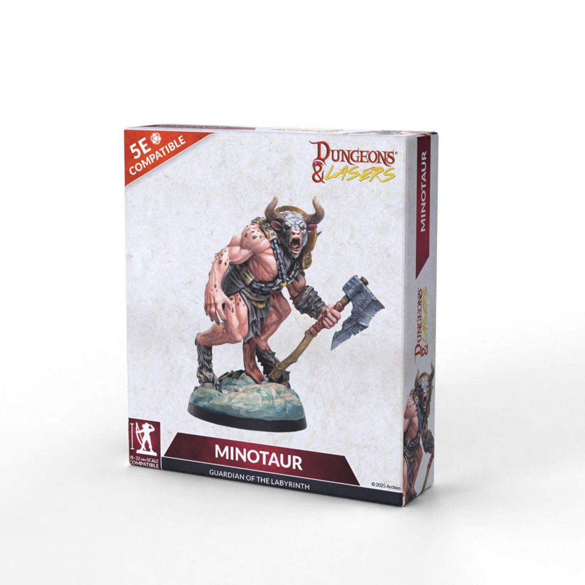 Dungeons & Lasers: Minotaur (Unpainted) - Unpainted Minotaur tabletop miniature holding a large axe, standing on a textured base, detailed muscular body and horns.