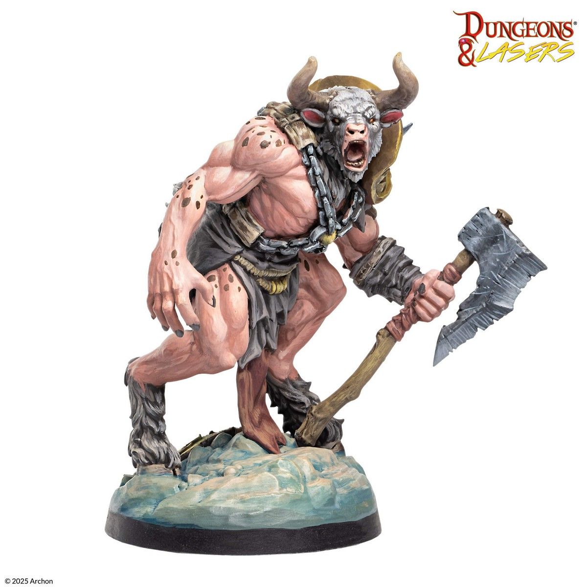 Dungeons & Lasers: Minotaur (Unpainted) - Unpainted Minotaur miniature with muscular humanoid body, bull head with horns, holding battle-axe, standing on textured.