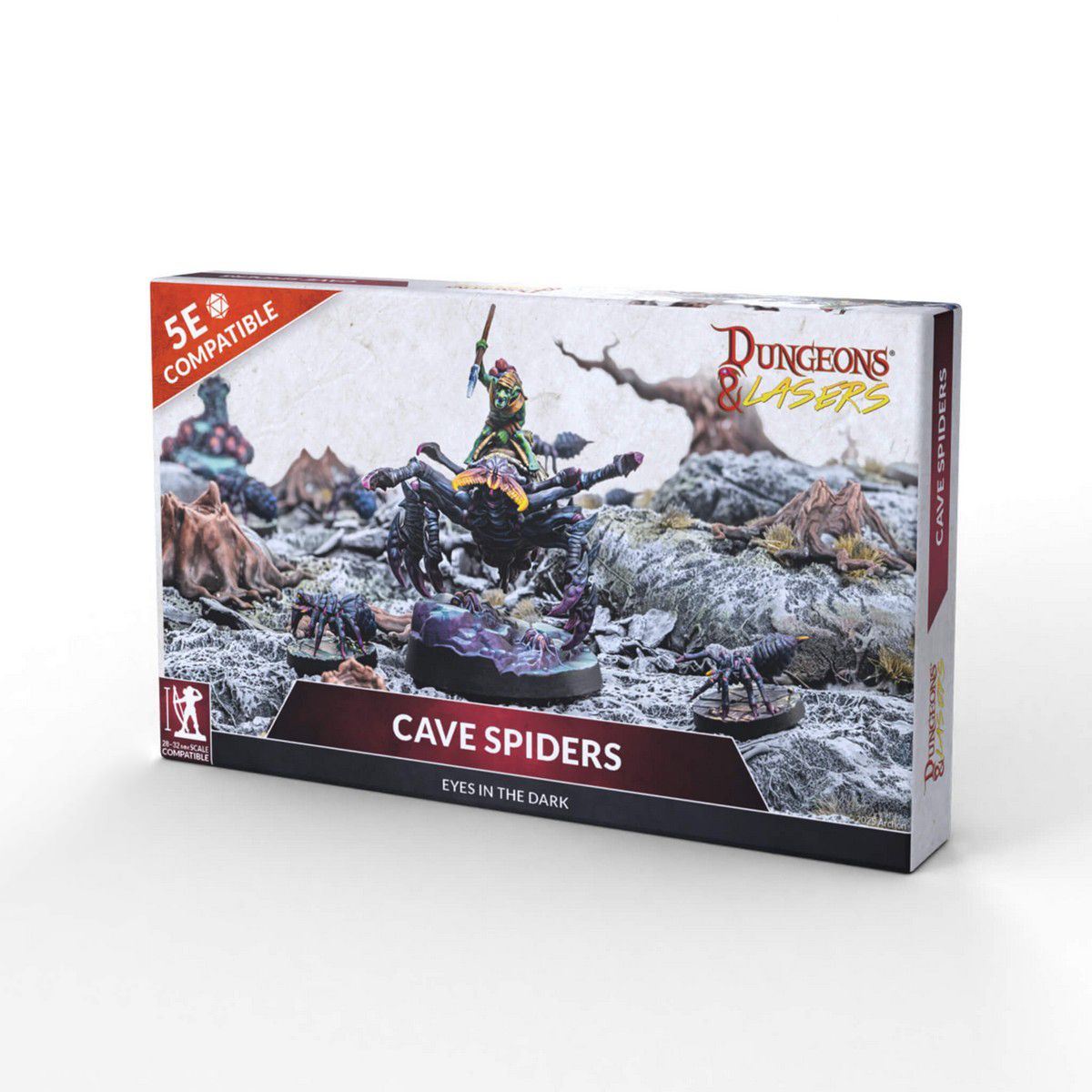 Dungeons & Lasers: Cave Spiders (Unpainted) - Boxed set of unpainted fantasy miniature cave spiders with detailed rocky base terrain for tabletop games.