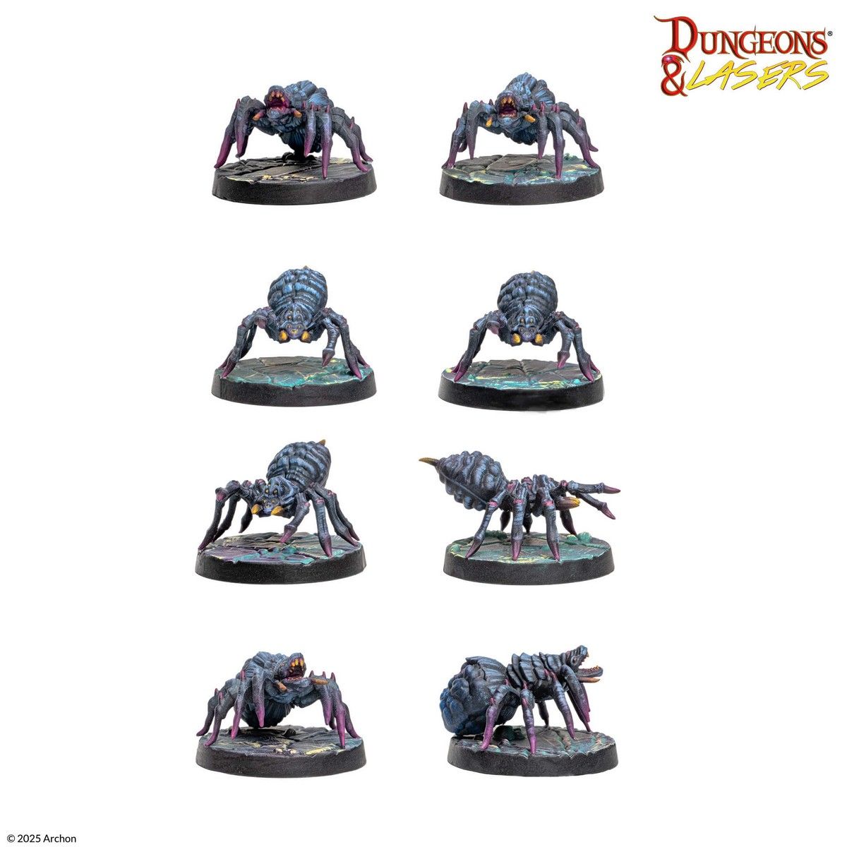 Dungeons & Lasers: Cave Spiders (Unpainted) - Set of eight detailed unpainted fantasy cave spider miniatures in various poses with segmented legs and textured bodies on.