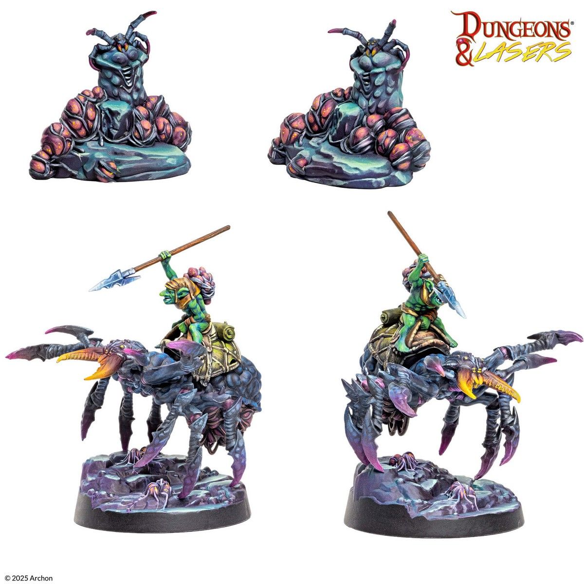 Dungeons & Lasers: Cave Spiders (Unpainted) - Unpainted gray resin tabletop miniatures featuring a giant cave spider with segmented legs and armored carapace, ridden by a