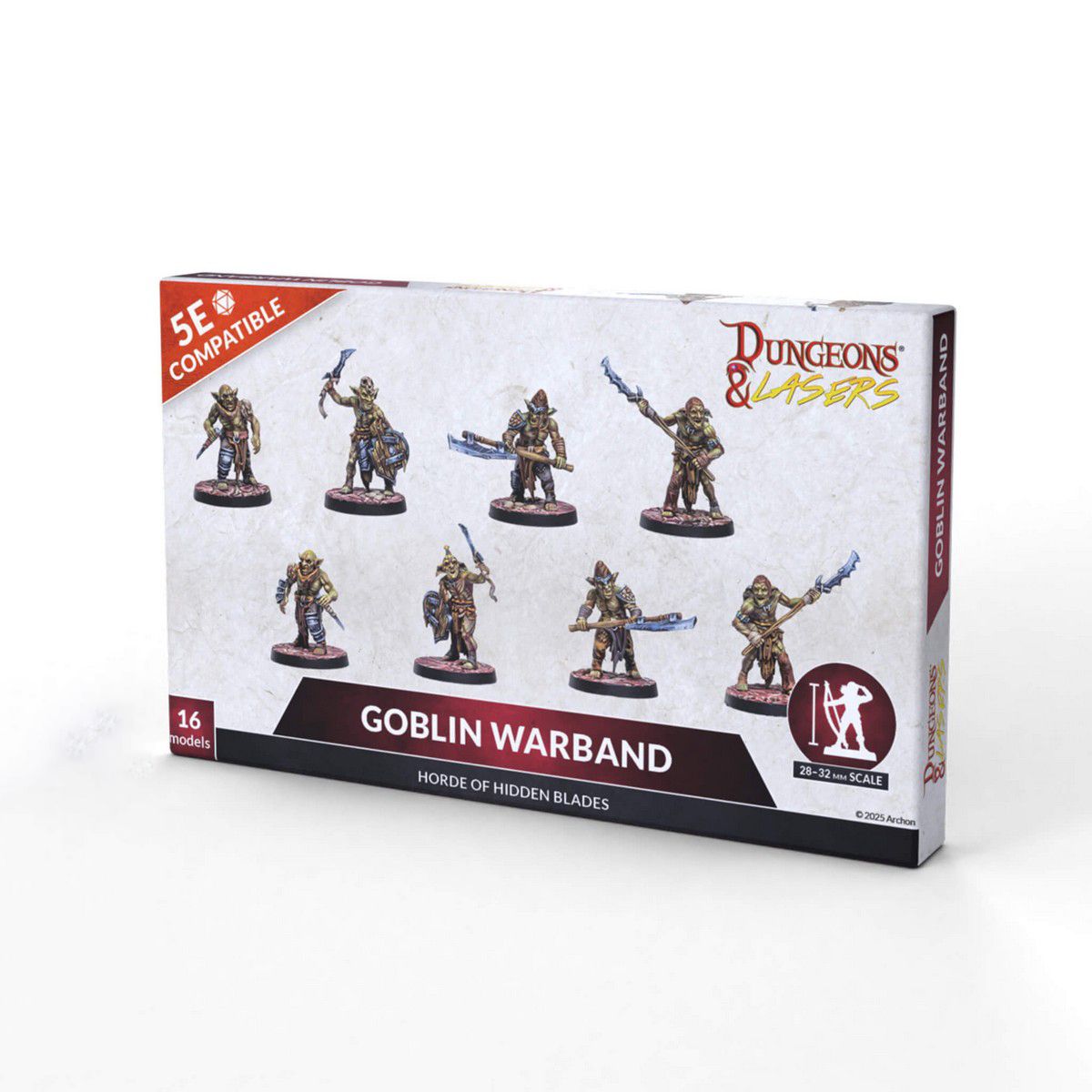 Dungeons & Lasers: Goblin Warband (Unpainted) - Unpainted gray miniature figurines of goblin warriors with swords and weapons on display bases in white and red Dungeons &.