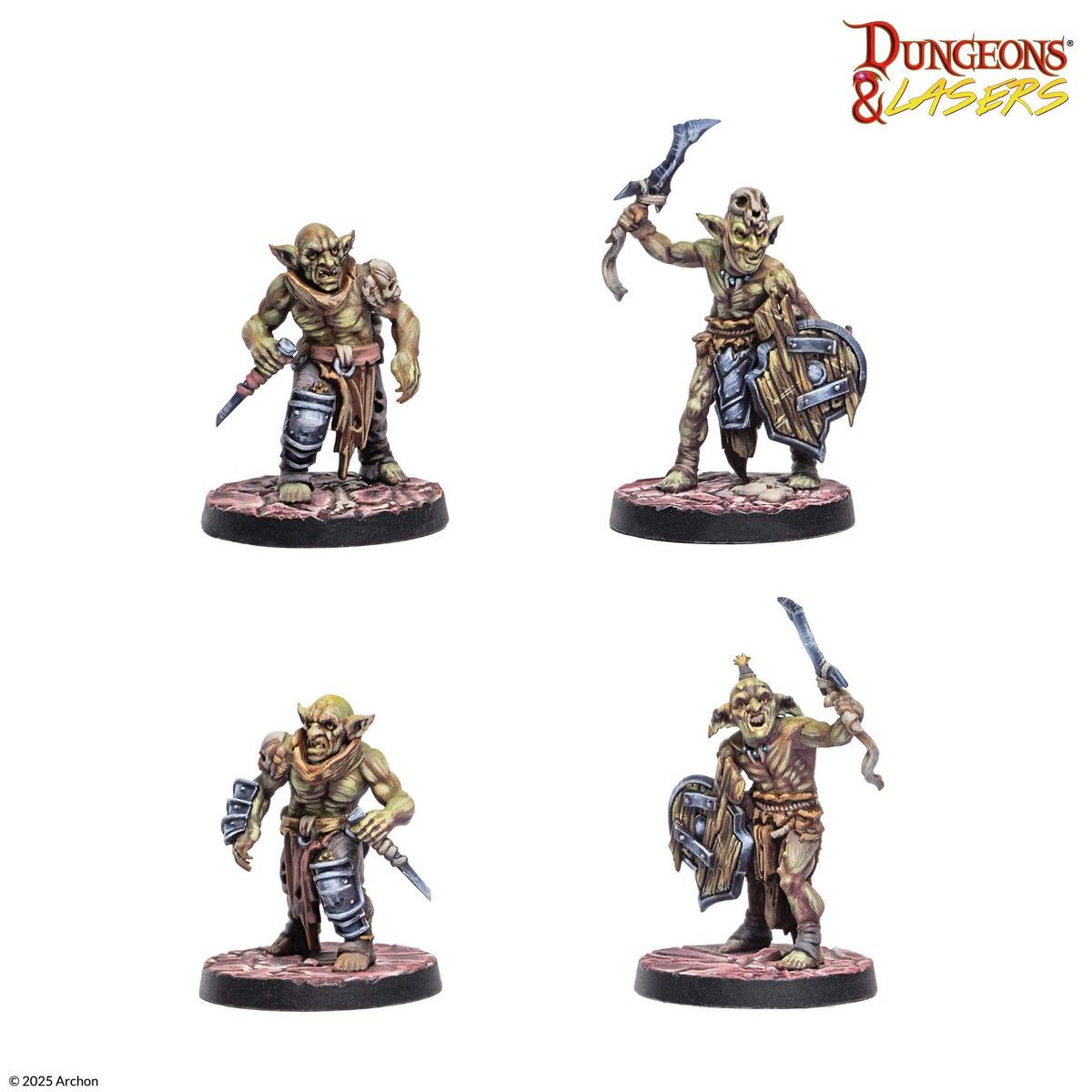 Dungeons & Lasers: Goblin Warband (Unpainted) - Four unpainted goblin miniatures in dynamic poses with swords, shield, and armor on round bases.
