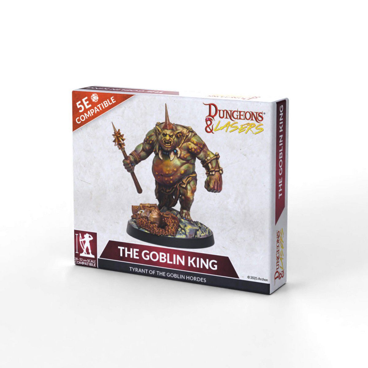 Dungeons & Lasers: Goblin King (Unpainted) - Unpainted detailed miniature of a muscular goblin king holding a spiked mace and standing on a rocky base.