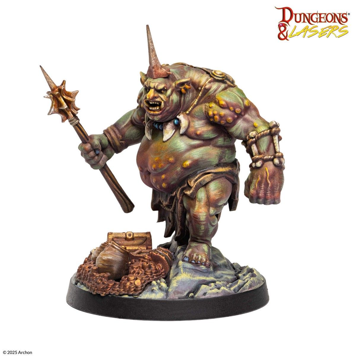 Dungeons & Lasers: Goblin King (Unpainted) - Unpainted detailed goblin king miniature holding spiked mace, muscular with armor and chains, standing on rocky base with.