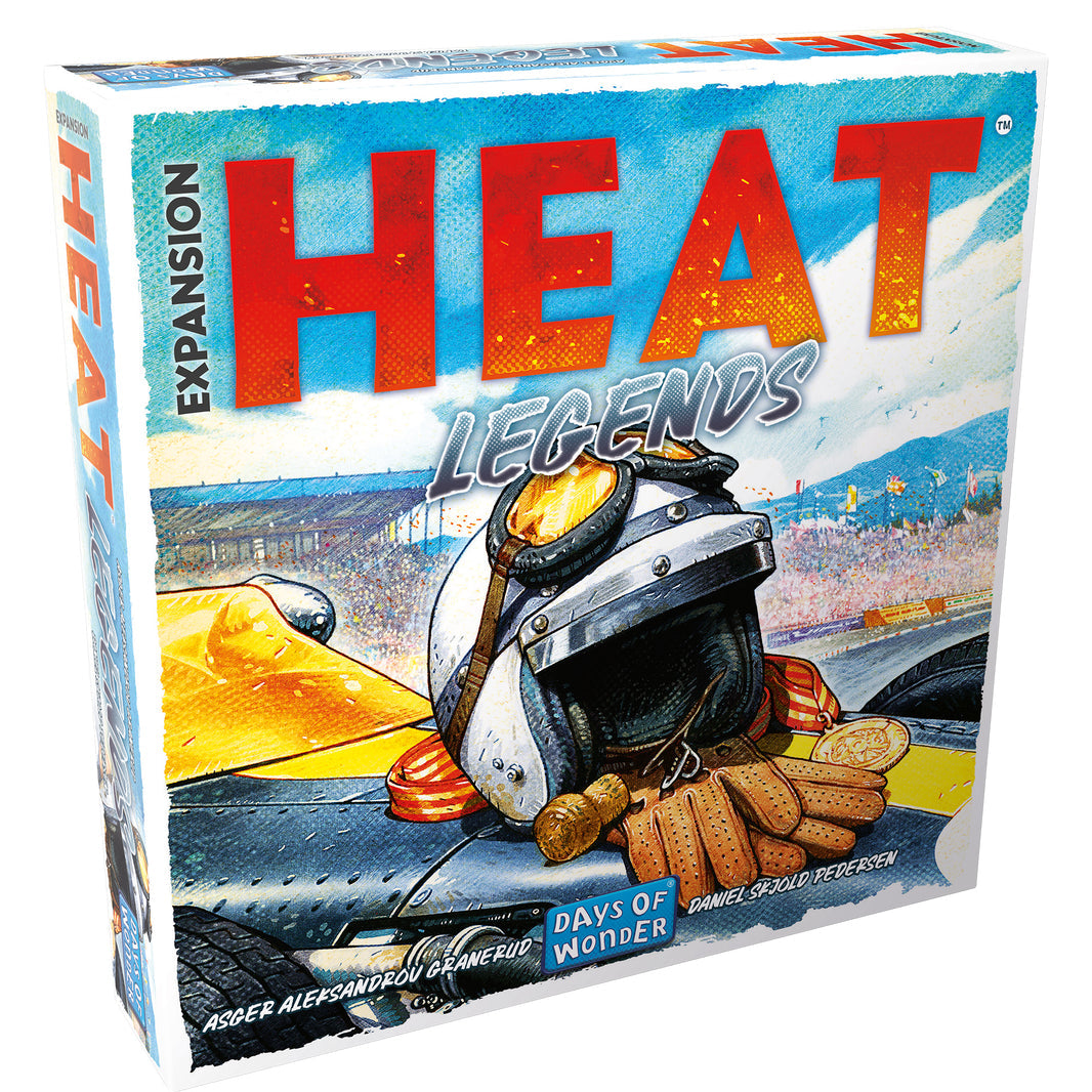 Heat: Legends Expansion - Legends Expansion box with a vintage racing helmet, gloves, and a yellow race car on a blue sky background.