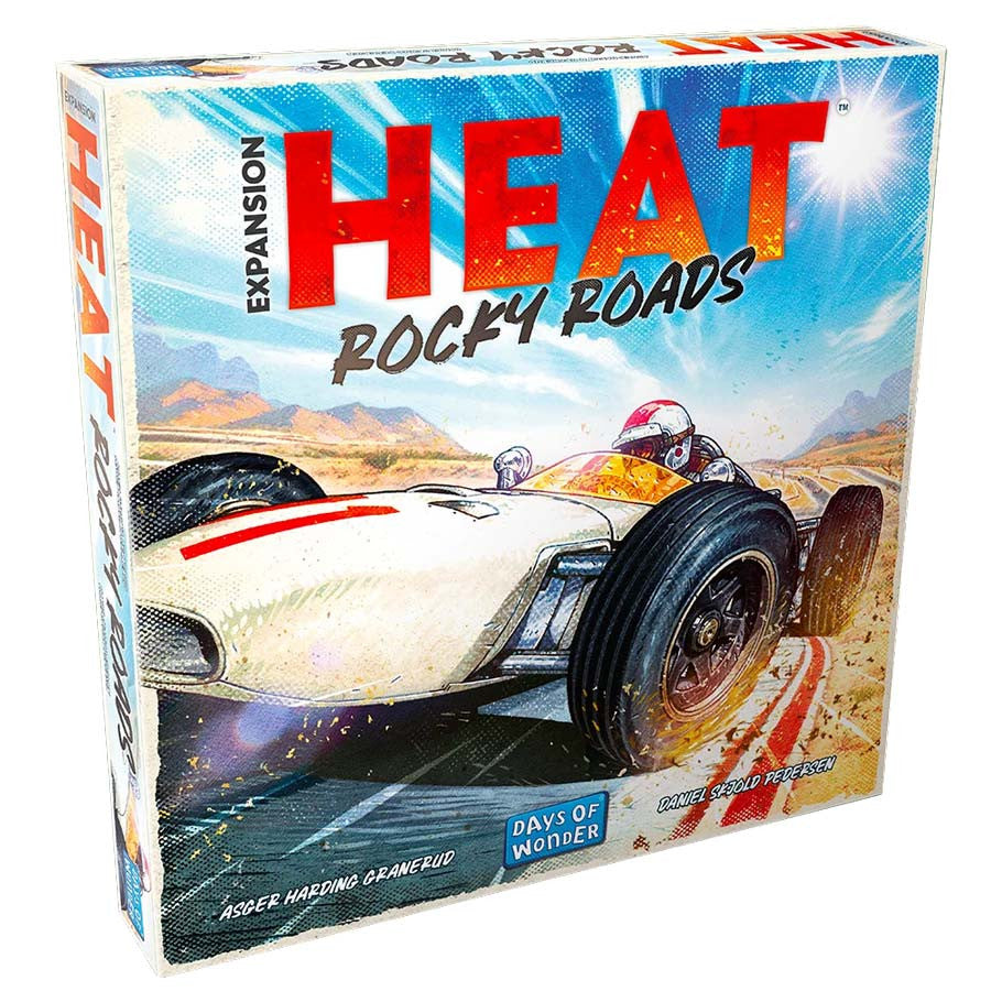 Heat: Rocky Roads Expansion (PREORDER) - Square game box with vibrant illustration of a vintage white race car speeding on a dusty rocky road under a blue sky,.