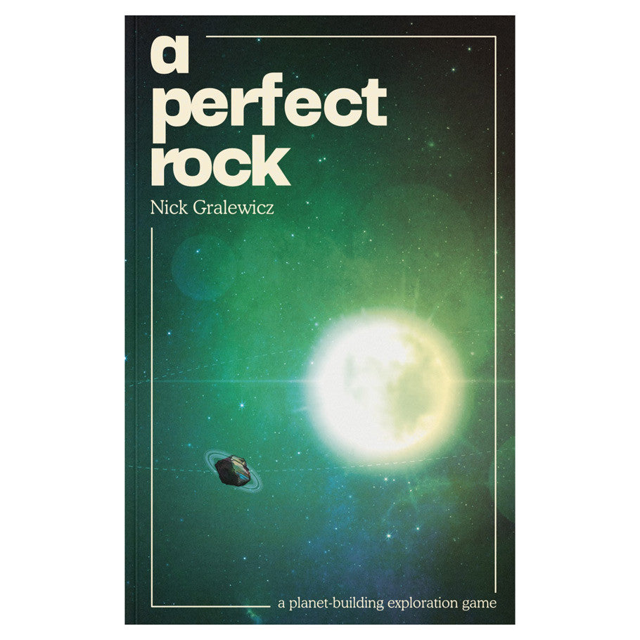 A Perfect Rock (PREORDER) - Book cover with white lowercase text "a perfect rock" and author name Nick Gralewicz on a dark green space background.