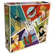 The Hunt - Square board game box titled The Hunt featuring stylized vintage detective and spy illustrations in red, green, yellow, and.