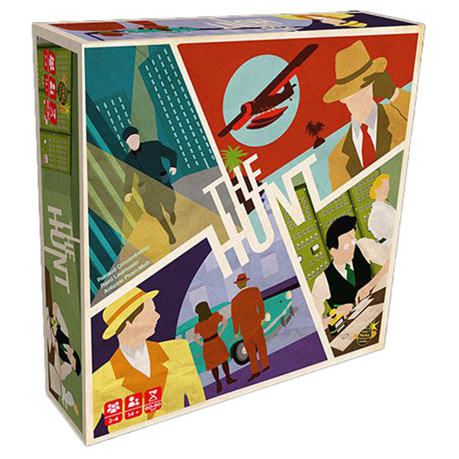 The Hunt - Square board game box titled The Hunt featuring stylized vintage detective and spy illustrations in red, green, yellow, and.