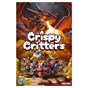 Crispy Critters (PREORDER) - Card game box cover featuring a fiery red dragon breathing fire over colorful cartoon critters with playful font reading.