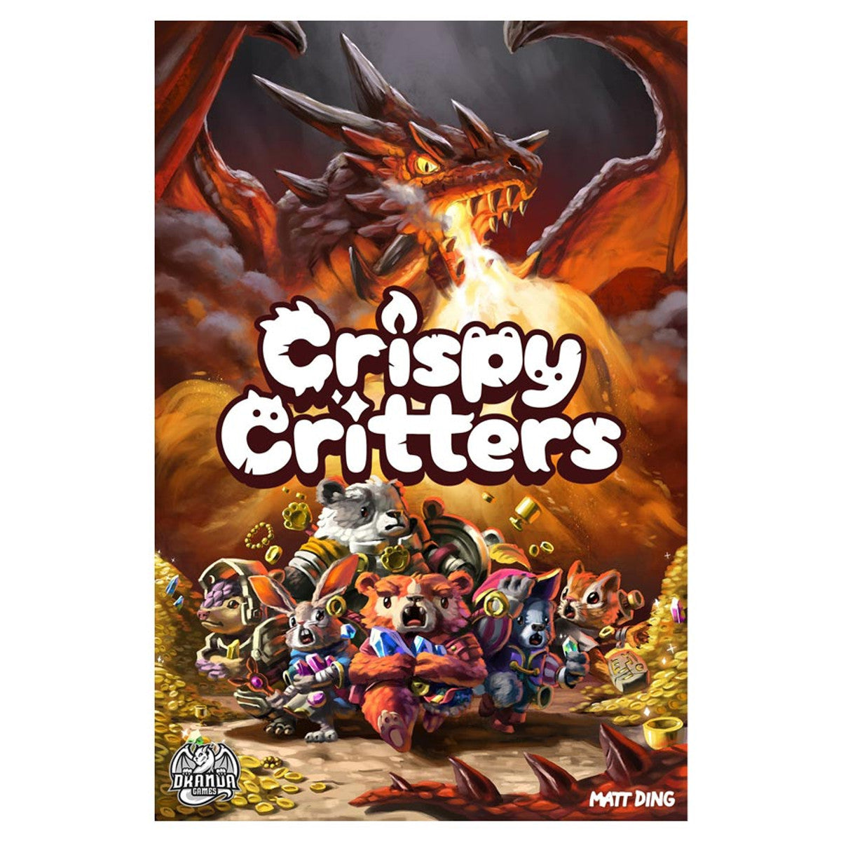 Crispy Critters (PREORDER) - Card game box cover featuring a fiery red dragon breathing fire over colorful cartoon critters with playful font reading.