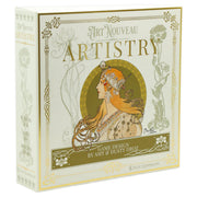 Artistry - Art Nouveau style board game box with gold and beige tones, featuring a woman with flowing hair and floral accents.