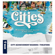 Cities: City Achievements and Theaters Expansion (PREORDER) - Colorful board game box featuring illustrated city landmarks and waterways with large white "Cities" title and expansion.
