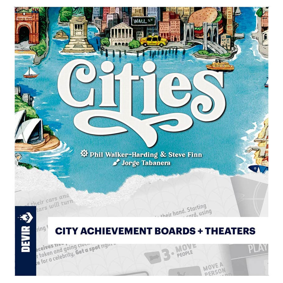 Cities: City Achievements and Theaters Expansion (PREORDER) - Colorful board game box featuring illustrated city landmarks and waterways with large white "Cities" title and expansion.