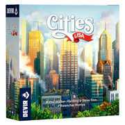 Cities USA (PREORDER) - Colorful board game box featuring a vibrant city skyline with tall buildings under a clear sky labeled "Cities USA".