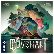 Covenant - Fantasy-themed board game box cover with armored warriors wielding weapons and a glowing staff against a mountainous.