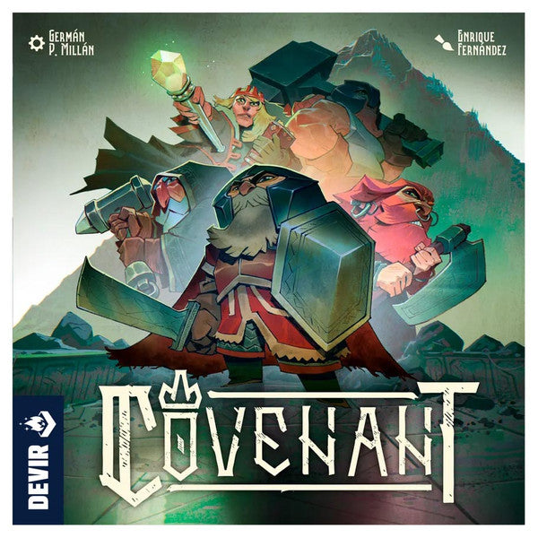 Covenant - Fantasy-themed board game box cover with armored warriors wielding weapons and a glowing staff against a mountainous.