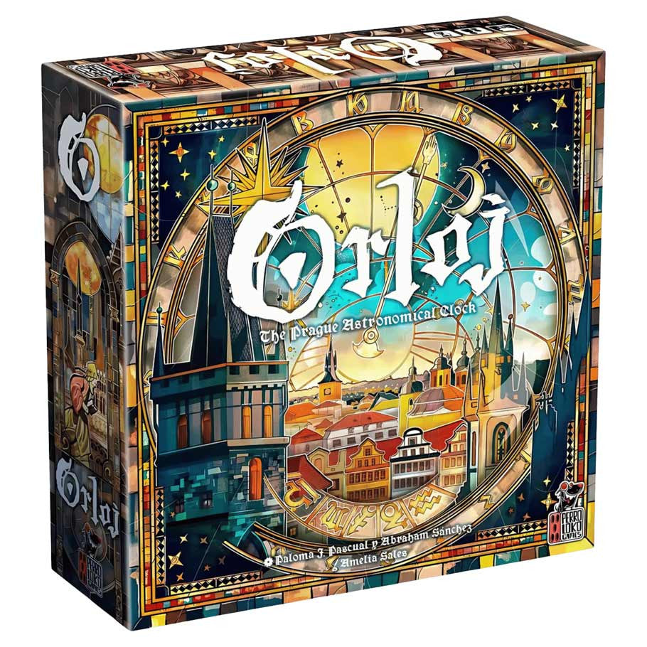 Orloj: The Prague Astronomical Clock (PREORDER) - Square board game box with colorful artwork of the Prague Astronomical Clock and cityscape, detailed gold and blue accents.