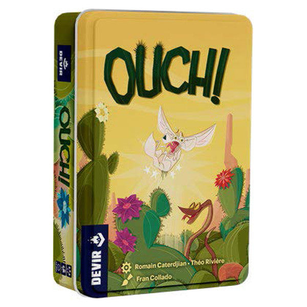 Ouch! Tin - Rectangular yellow tin with the word "OUCH!" in bold green letters and colorful cartoon cacti on the front.