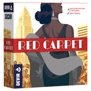 Red Carpet - Board game box with elegant woman in black gown and pearl necklace in front of city skyline, titled "Red Carpet".
