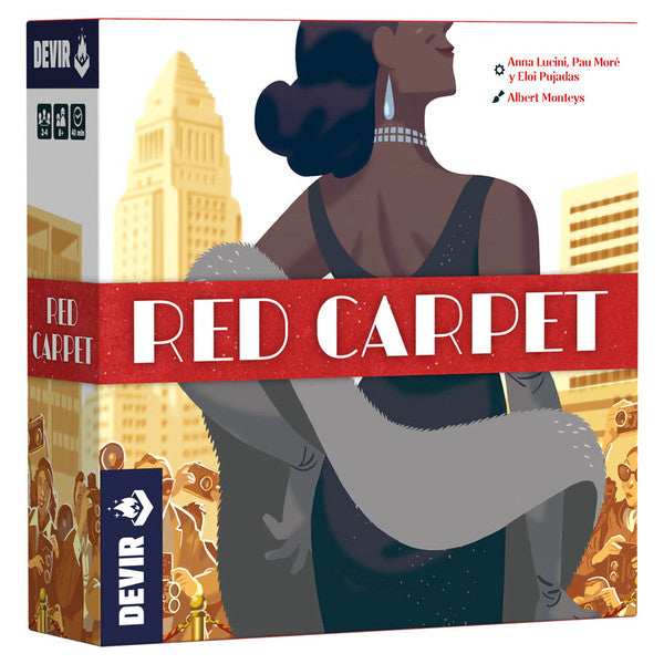 Red Carpet - Board game box with elegant woman in black gown and pearl necklace in front of city skyline, titled "Red Carpet".