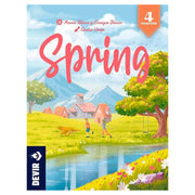 Spring - Colorful board game box titled "Spring" with bright red lettering, countryside scene with trees, a stream, and two.