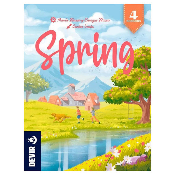 Spring - Colorful board game box titled "Spring" with bright red lettering, countryside scene with trees, a stream, and two.