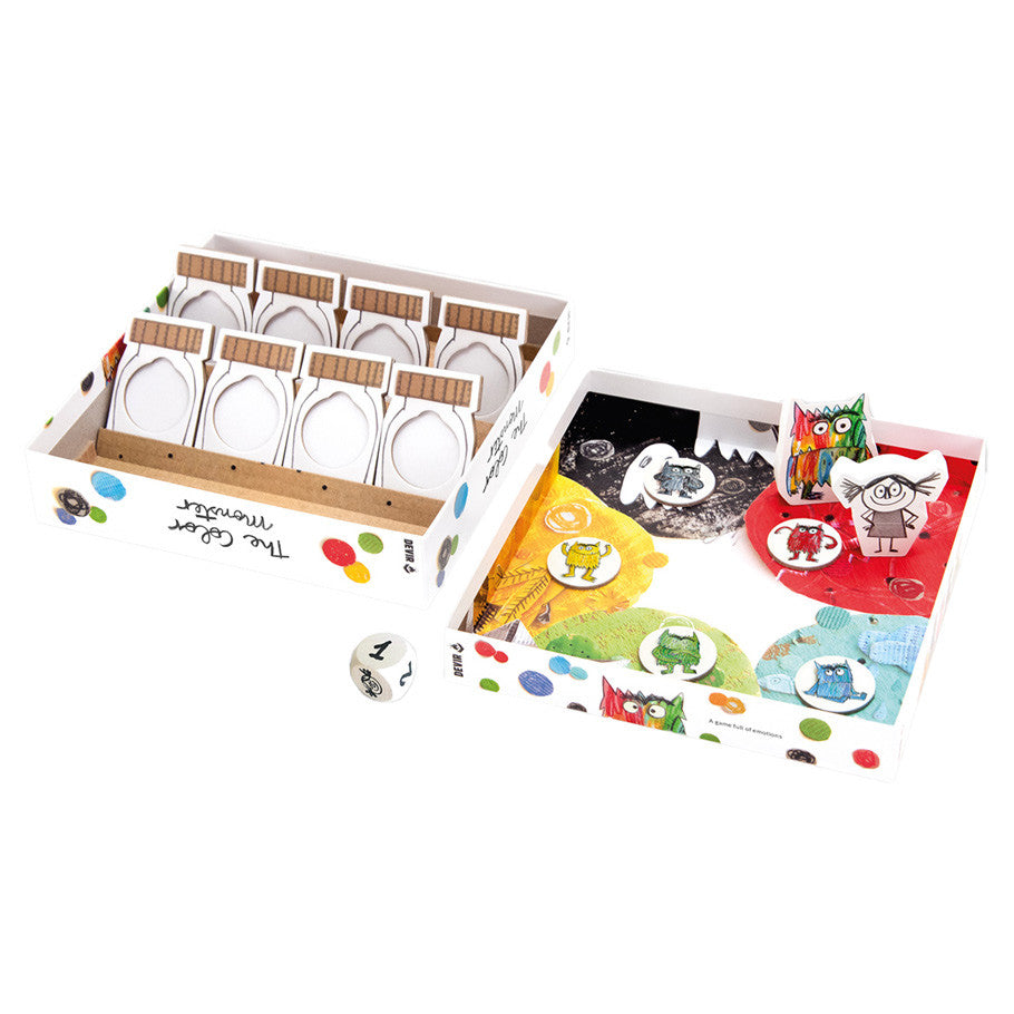 The Color Monster: Travel Edition - Compact board game with colorful emotion-themed cards, tokens, and a die, stored in a divided box.