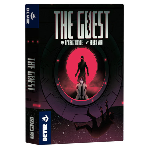 The Guest - Rectangular card game box titled The Guest, featuring dark sci-fi artwork with a silhouetted figure standing inside a.