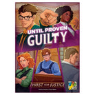 Until Proven Guilty: Thirst for Justice - Colorful board game box cover featuring five diverse illustrated characters with serious expressions, bold white and purple.