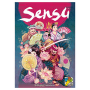 Sensu - Colorful board game box art featuring five characters in traditional Japanese attire holding fans and umbrellas against a.