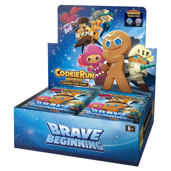 CookieRun TCG: Brave Beginning Booster Display - Blue display box with CookieRun TCG Brave Beginning booster packs featuring colorful cartoon cookie characters including a.