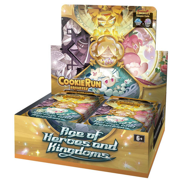 CookieRun TCG: Age of Heroes and Kingdoms Booster Display - Colorful booster card display box featuring fantasy artwork and CookieRun branding for Age of Heroes and Kingdoms set.