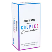 First to Worst: Couples Connection - White rectangular box with blue and purple edges labeled "First to Worst Couples Connection" party game.