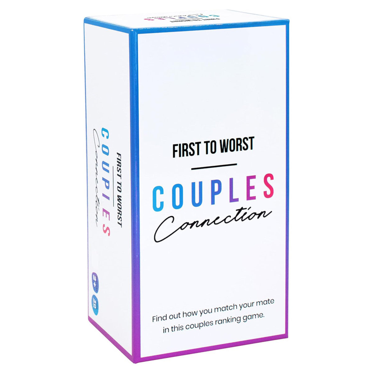 First to Worst: Couples Connection - White rectangular box with blue and purple edges labeled "First to Worst Couples Connection" party game.