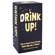 Drink Up (PREORDER) - Dark blue rectangular box with raised water droplet patterns and bold yellow text "Drink Up! Get to Know Your Friends, One.
