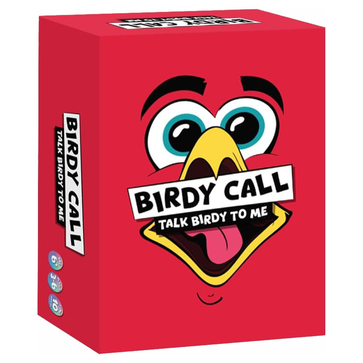 Birdy Call - Bright red rectangular box featuring a cartoon bird face with wide blue eyes and yellow beak, labeled Birdy Call party game.