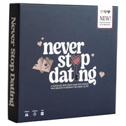 Never Stop Dating - Square navy blue box with white and pink text reading "Never Stop Dating" and small heart graphics, featuring playing cards.