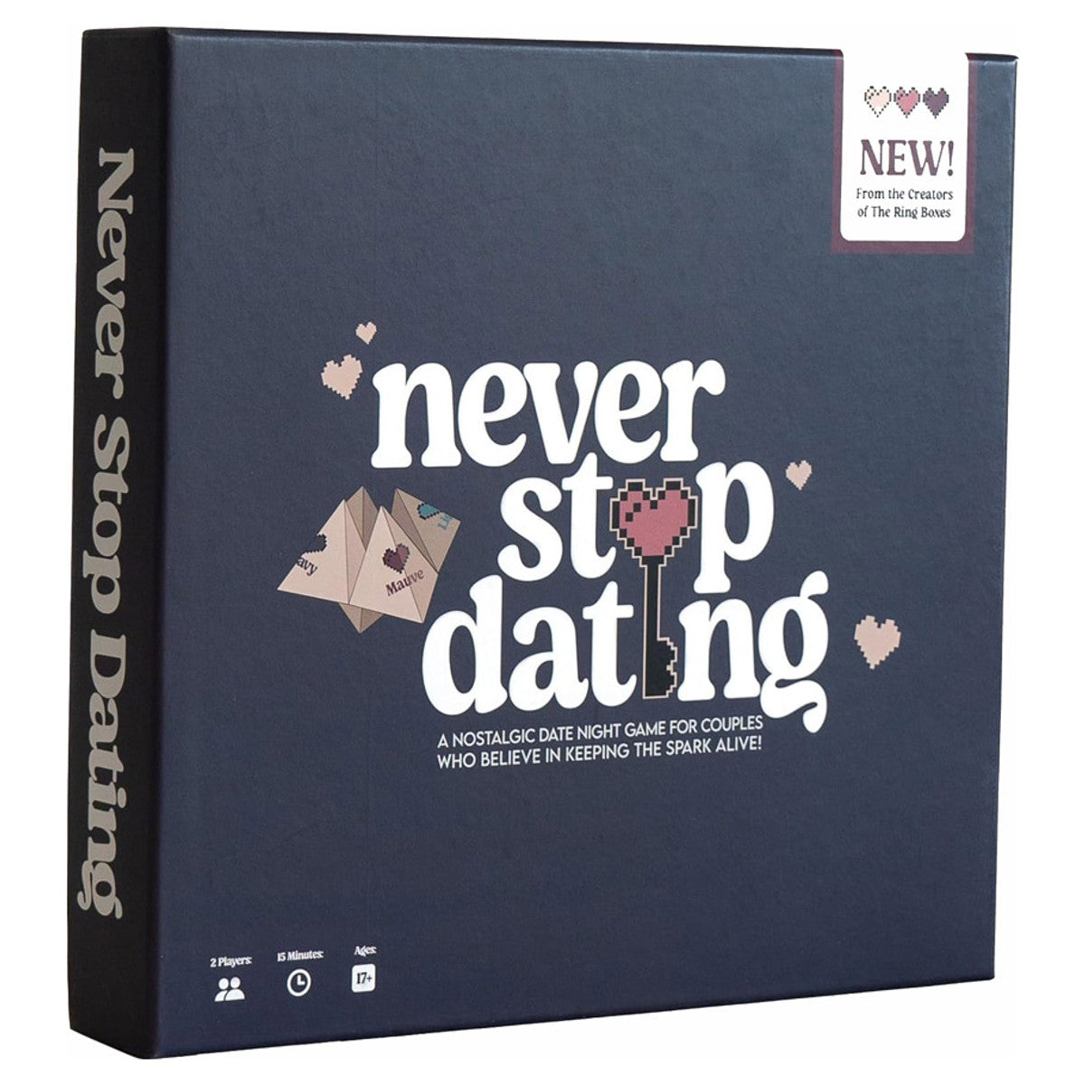 Never Stop Dating - Square navy blue box with white and pink text reading "Never Stop Dating" and small heart graphics, featuring playing cards.