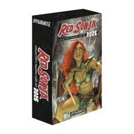 Red Sonja 2025 Collector's Trading Card Set - Collector's trading card set box featuring a red-haired warrior woman in chainmail armor holding a sword against a dark,.