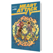 Heart Attack Roleplaying Game (PREORDER) - Blue game box with bold yellow "Heart Attack" title and illustration of two characters standing in a cracked heart-shaped.