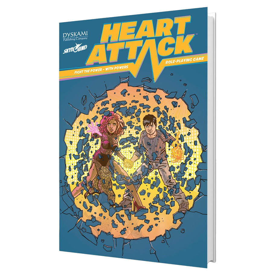 Heart Attack Roleplaying Game (PREORDER) - Blue game box with bold yellow "Heart Attack" title and illustration of two characters standing in a cracked heart-shaped.