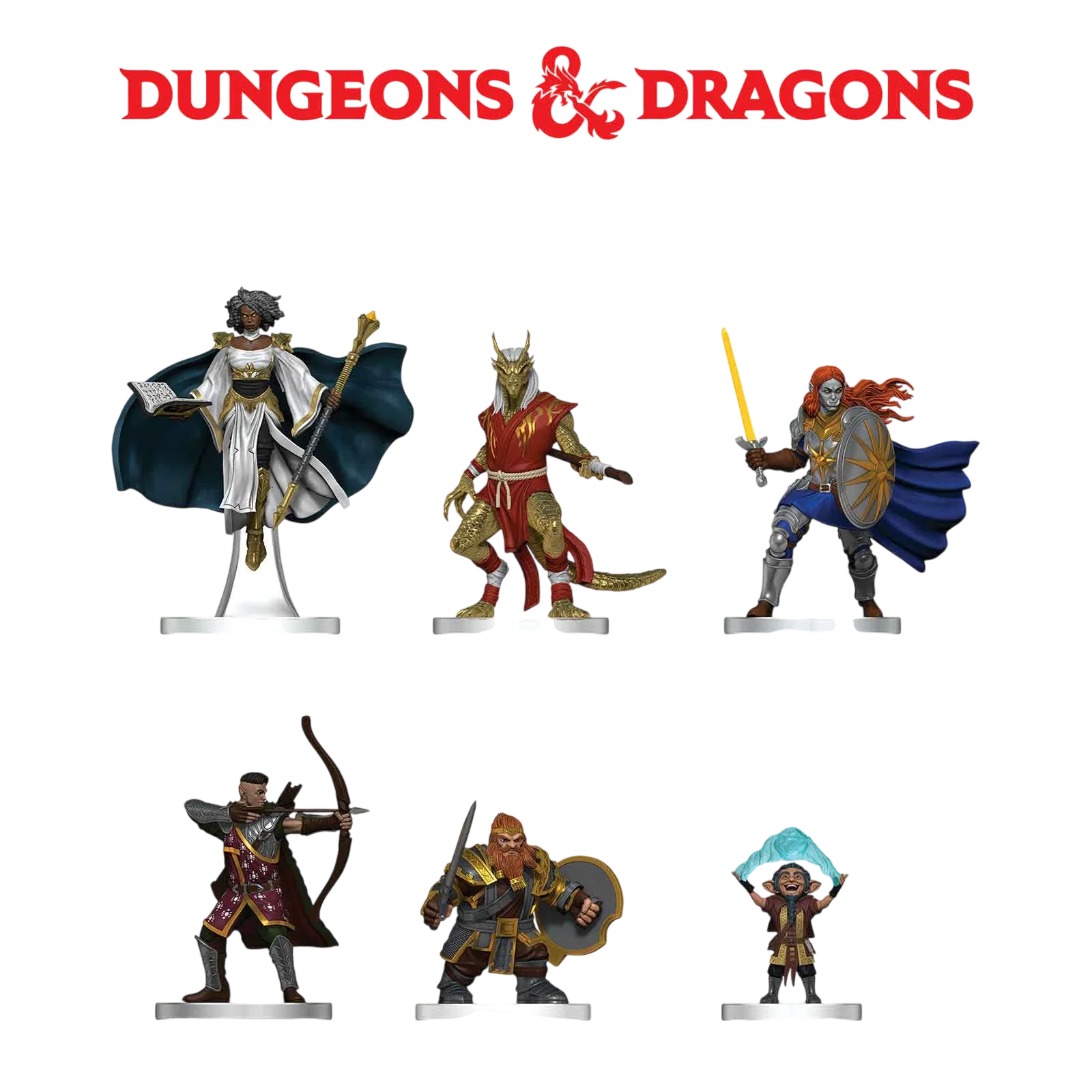 D&D Icons of the Realms: Player's Handbook Starter Set - Swords & Staves - Five detailed Dungeons & Dragons miniatures including armored knight with blue cape and sword, red-robed spellcaster holding