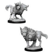 D&D Nolzur's Marvelous Miniatures: Death Dog - Gray unpainted two-headed snarling dog miniature on black round base, detailed fur and muscular body.