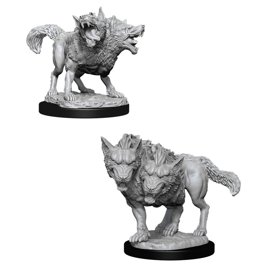 D&D Nolzur's Marvelous Miniatures: Death Dog - Gray unpainted two-headed snarling dog miniature on black round base, detailed fur and muscular body.
