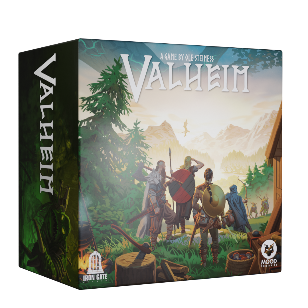 Valheim: Deluxe (PREORDER) - Valheim Deluxe box featuring fantasy warriors with shields and weapons in a forested valley with mountains in the background.