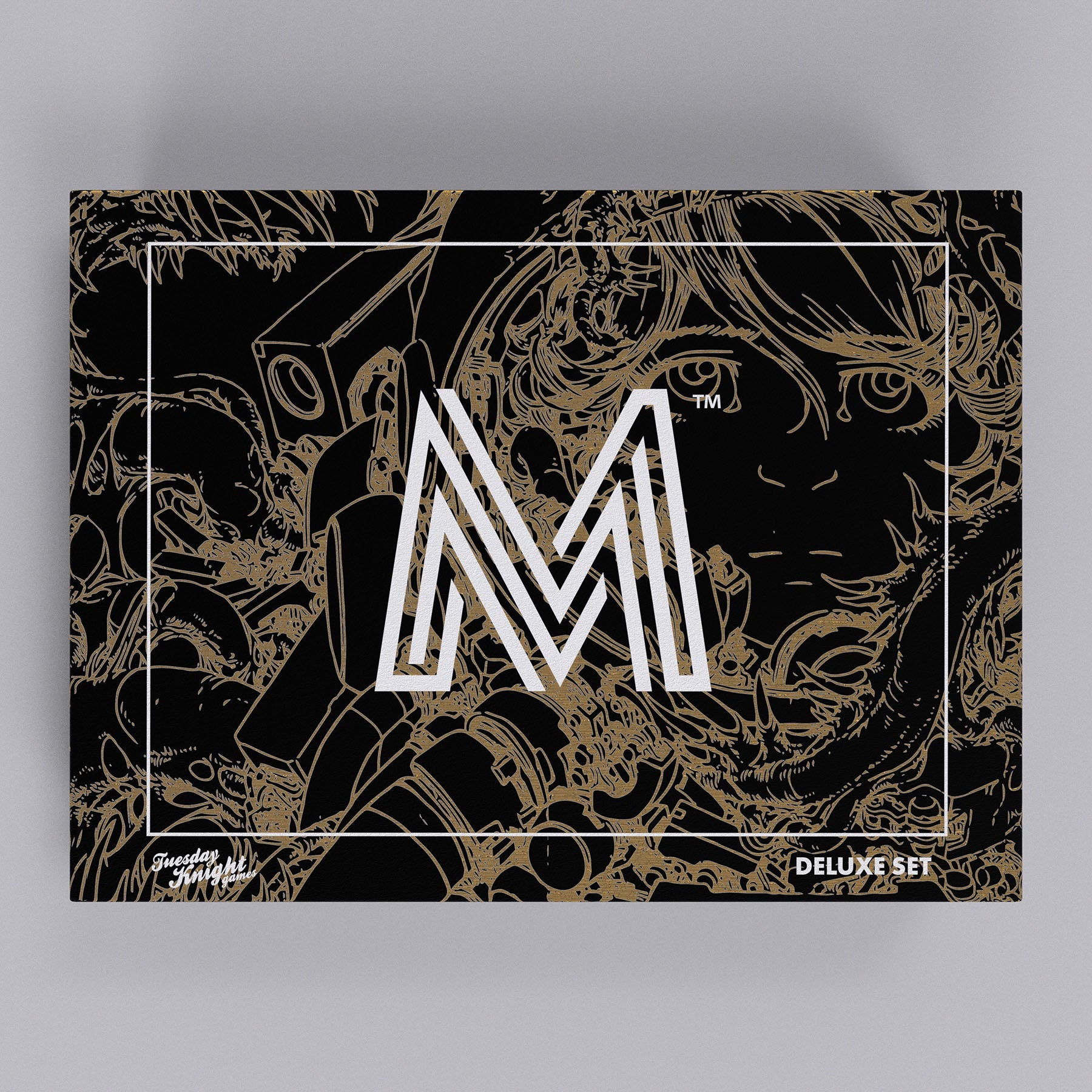 Mothership: Deluxe Set - Black box with gold line art of faces and objects, featuring a large white stylized "M" and "Deluxe Set" text.